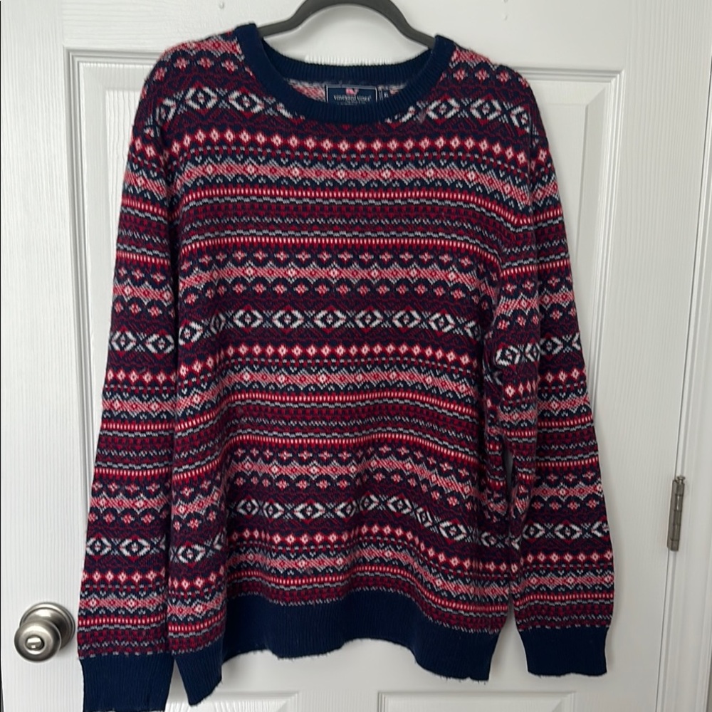 Vineyard vines Blue and Red Crewneck Sweater with Nordic Patterns